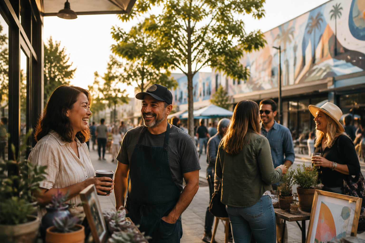 A friendly male vendor wearing an apron and cap smiling as he talks with a woman holding a coffee cup at a bustling outdoor street market.